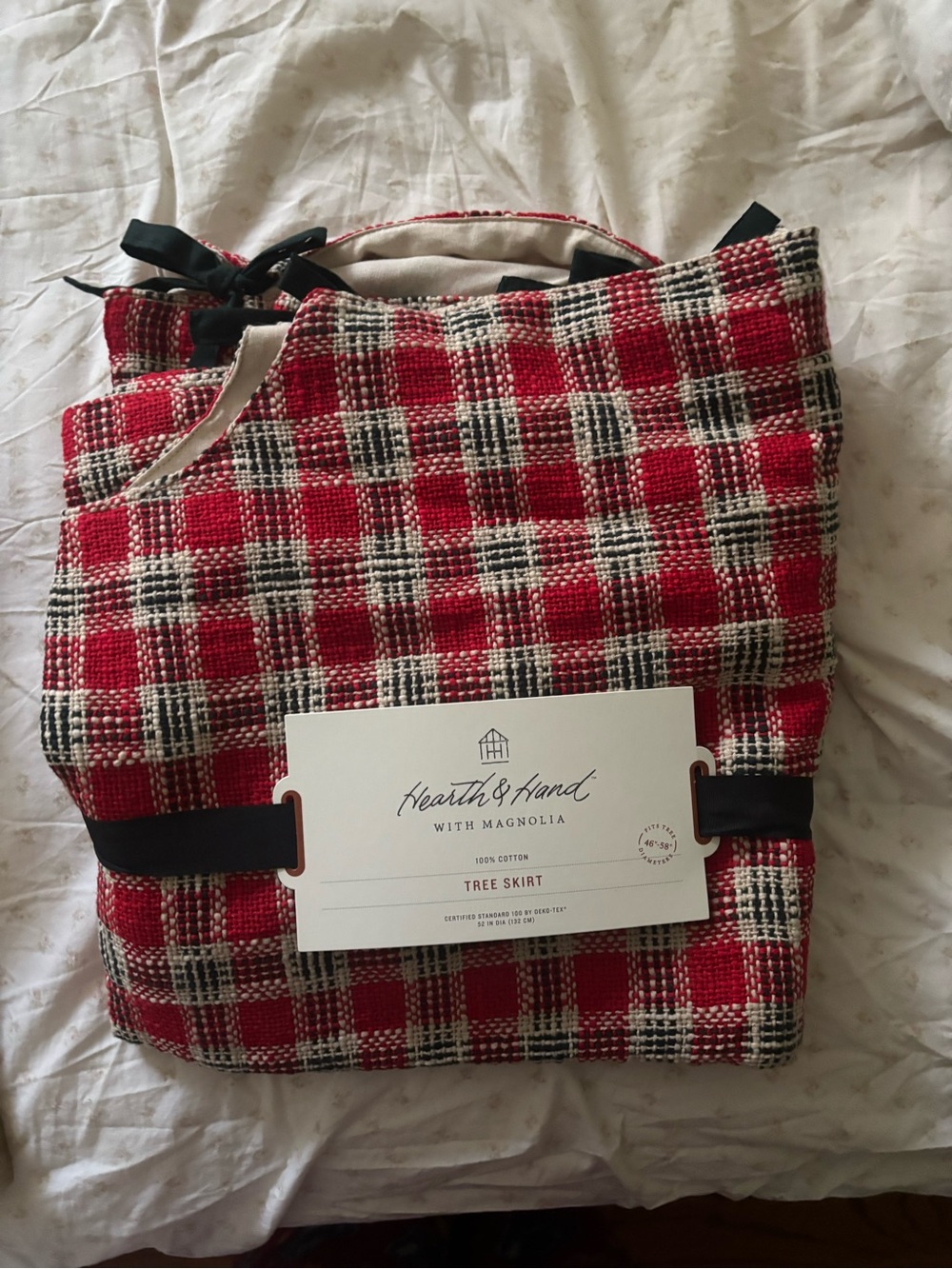 Hearth & Hand Red and Cream Plaid Tree Skirt with Black Accents